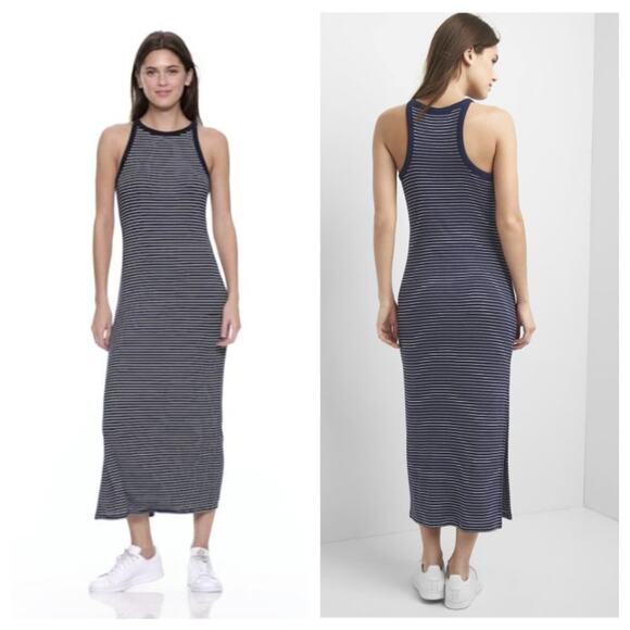 GAP Women's Rib Knit Racerback Maxi Dress Navy White Size M - Picture 1 of 10